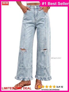 High Waisted Wide Leg Ruffle Hem Ripped Denim Jeans Baggy